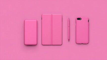 Pink electronic devices including a phone tablet and pen on a pink background