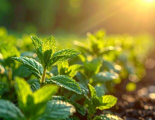 Fresh Mint Plants in Sunlight.