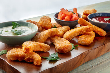 Chicken nuggets with fresh vegetables and dips, a close-op on a wooden table, with parsley