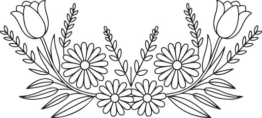 Floral Border Line Art with Tulips and Daisies – Botanical Decorative Design