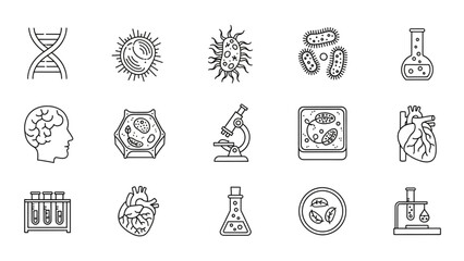 Discover life's intricate details with stunning scientific icons depicting DNA, cells, microbes, the brain, and the heart, perfect for educational and research projects.