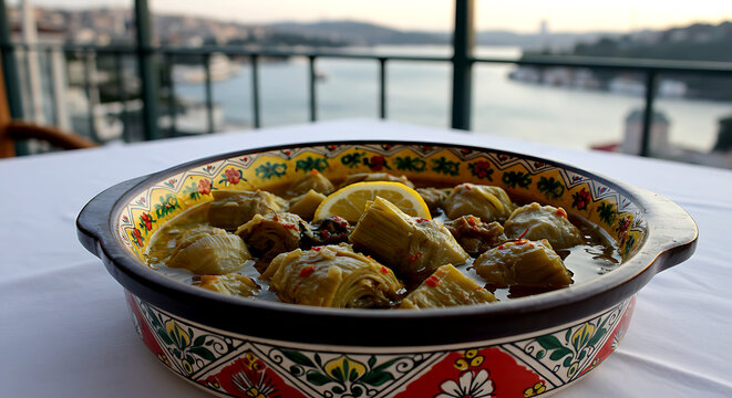 Enginar ile Patlıcan Yahni, Turkey. a hearty Ottoman-inspired stew of artichoke hearts and eggplant cubes in a lemony olive oil broth 