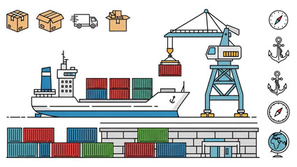 Naklejka premium Dynamic shipping port scene with cargo ship, crane loading containers, delivery truck, and nautical icons for global logistics and trade