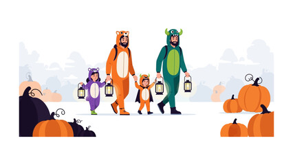 Halloween Family Fun: An illustrated family, clad in festive animal costumes, embarks on a spirited Halloween adventure. Holding lanterns and surrounded by pumpkins.