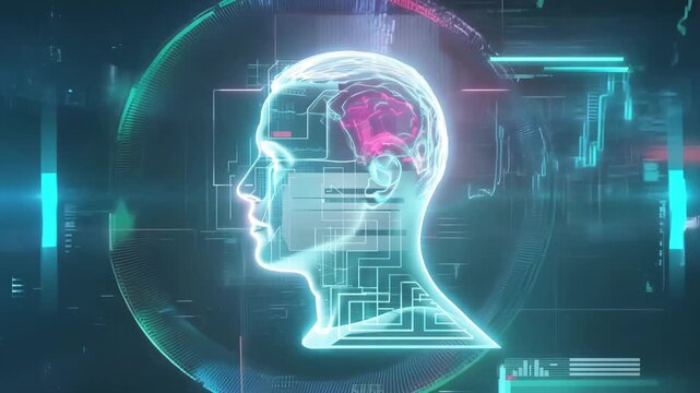 3D abstract human face made translucent glowing polygons polygon data node, fragments in mid-air, cyberpunk neon lights holographic binary code high-tech AI cybersecurity futuristic VFX
