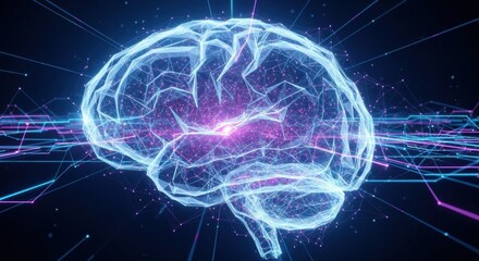 Polygonal brain with plexus. Artificial intelligence concept. Digital data visualization for machine learning and deep learning.