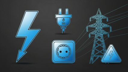 Dynamic blue electricity symbols power tower and warning sign convey energy and industrial concepts for modern design