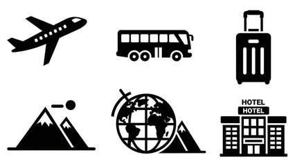 Essential travel icons capturing airplane, bus, luggage, mountains, globe, and hotel for your next adventure planning and tourism projects.