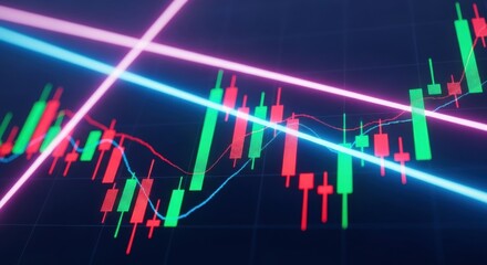 Digital candlestick chart with blue and pink arrows. Stock market data analysis visualization for financial investment trade.