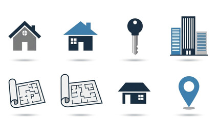 Discover your dream home with essential real estate icons including houses blueprints keys and location markers for a seamless property search