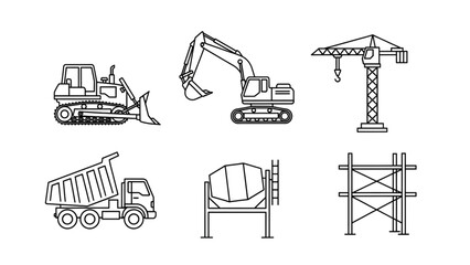 Dynamic construction machinery icons including bulldozer, excavator, crane, dump truck, cement mixer, and scaffolding for industrial projects and heavy equipment themes.