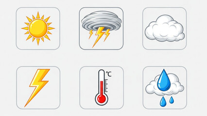 Dynamic weather icons depicting sun, storm, cloud, lightning, thermometer, and rain for modern forecasts and app interfaces.