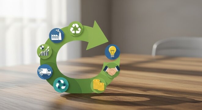 Green circular economy illustration with business icons strategy on tabletop. Sustainable industry and resource management. - Powered by Adobe