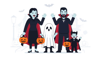 Happy Halloween Family: A friendly family of vampires and a ghost wave hello, ready for a night of trick-or-treating, dressed in their Halloween costumes, with pumpkin buckets.