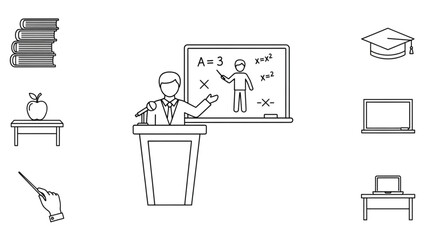 Engaging educator passionately teaching mathematics and science concepts on a blackboard with student icons and learning materials