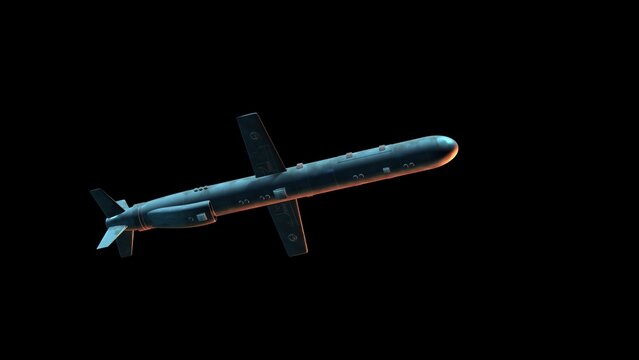 A combat rocket is flying in a dark night sky. Concept: missile attack. Missile isolated on black background. Cruise missile flying. Missile attack.