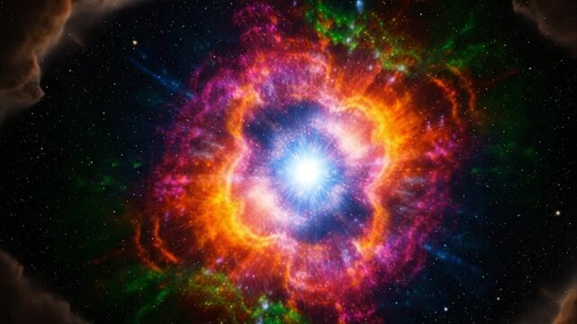 Colorful space nebula light displays bright stars and cosmic clouds in an outer space background with dark corners