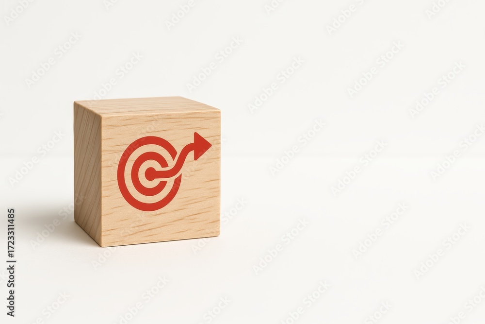 Poster wooden block with target icon and arrow displayed on minimalist background for business concept