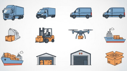 Dynamic logistics icons showcasing modern transport, delivery, and warehousing solutions for efficient global commerce and supply chain operations.