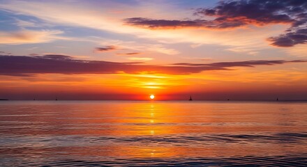 Vibrant Ocean Sunset with Golden Sun and Colorful Clouds.