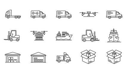 Dynamic logistics icons showcase modern delivery methods including trucks, drones, ships, forklifts, and warehouses for efficient global shipping solutions.