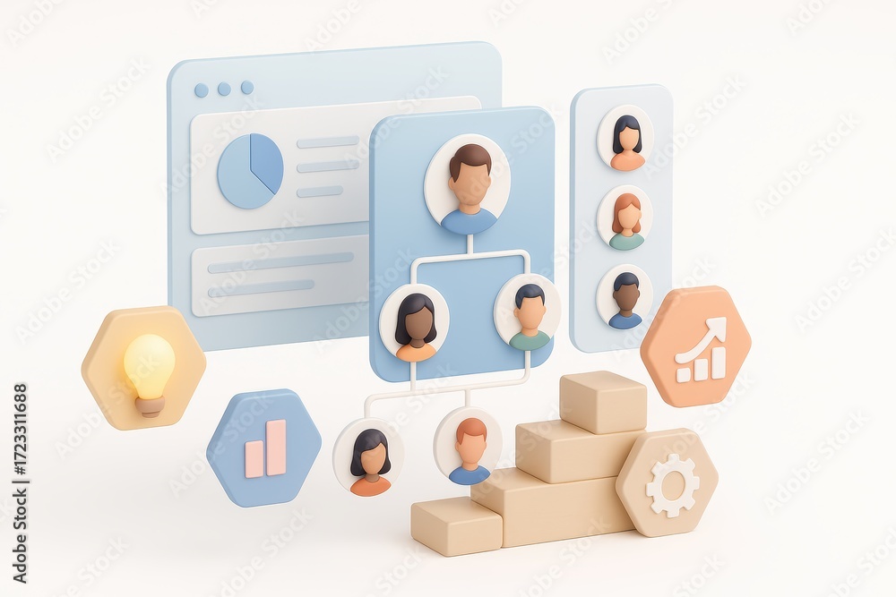 Aufkleber conceptual illustration of team structure and data analysis in a modern digital workspace environmen