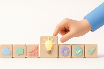 Hand Placing Wooden Block with Light Bulb Icon Among Business Symbol Blocks on White Background
