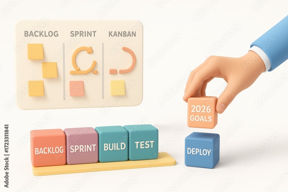 Poster colorful 3d blocks and charts for agile project management and goal setting in teamwork