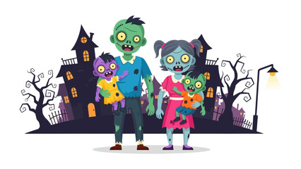 Zombie Family Halloween: A spooky zombie family stands proudly, embracing the festive spirit with their children and a haunted house backdrop. Perfect for Halloween promotions!