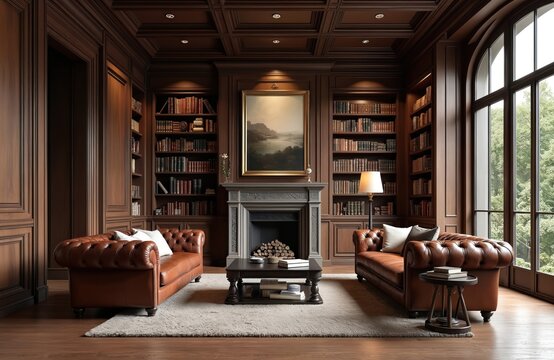 Luxurious home library featuring built-in bookshelves, rich wood finishes. Cozy reading nook with leather Chesterfield sofas near fireplace, painting. Classic interior decor, reading place, living