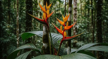 Vibrant Orange Heliconia Flowers in Lush Rainforest.
