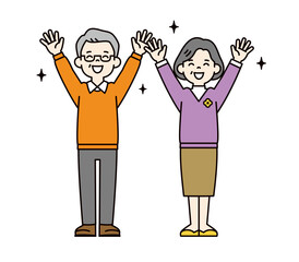 嬉しそうにバンザイする、60代・70代の老夫婦のシンプルな全身ベクターイラスト素材＿カラー