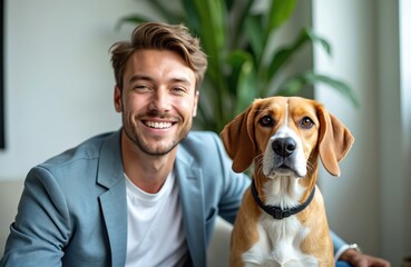 Young man, beagle mix dog indoor portrait. Man, dog posing at camera friendly. Lifestyle, home, casual attire. Canine companion, gentle relationship, human, animal, trust bond. Pet owner.