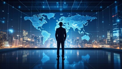 Executive Standing Over Global Data Network Map with City Skyline View, and Business Strategy.