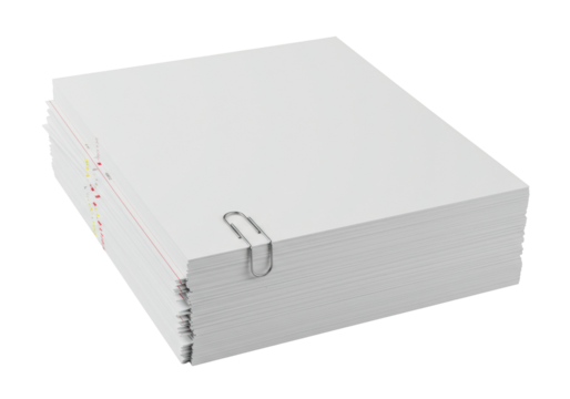 Neat stack of crisp, transparent paper with red and yellow lines, sleek silver paperclip reflecting light, isolated on a seamless transparent background. Concept of pristine organization - Powered by Adobe