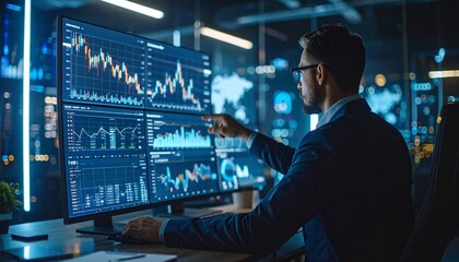 Expert Trader Analyzing Financial Data with Stocks on Multiple Monitors in Office.