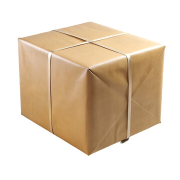 Brown Paper Wrapped Parcel Tied With Straps On Black Background isolated image