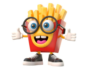 Funny cartoon french fries character wearing glasses and sneakers giving thumbs up fast food
