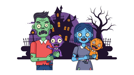 Naklejka premium Zombie Family Portrait: A quirky and colorful illustration depicts a zombie family. The scene set against a spooky backdrop of a haunted house and bare tree evokes the spirit of Halloween.