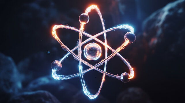 Glowing atomic model with orbiting electrons against a dark cosmic background
