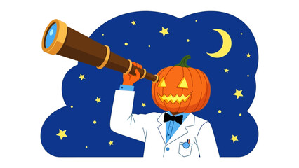 A Halloween Scientist's Stellar Discovery: A whimsically drawn Halloween scientist with a jack-o'-lantern head gazes through a telescope at a celestial expanse. The night sky is sprinkled with stars.