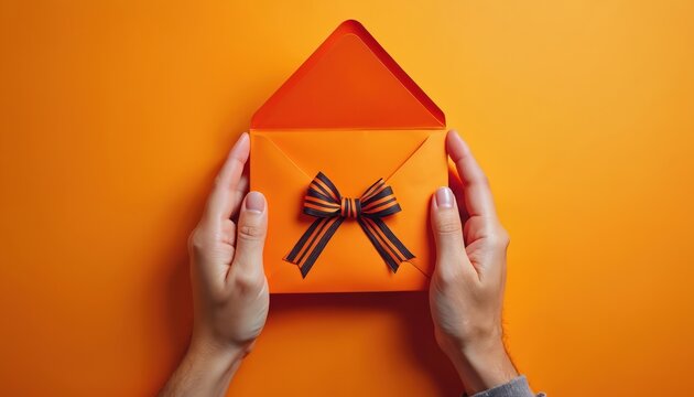 Hands holding bright orange envelope with bow on orange background. Modern branding minimal design, communication. Message of greeting, gift, present. Marketing, advertising, promotional, corporate