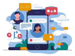 Engaging mobile communication app with profiles, chat bubbles, and social connections, perfect for illustrating digital interaction and online communities