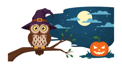 Owl in Halloween: A charming illustration of a wise owl adorned in a whimsical witch's hat, perched serenely on a branch during a spooky Halloween night. A carved pumpkin sits at the bottom.