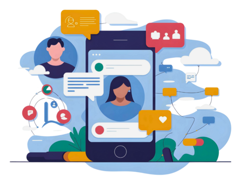Engaging mobile communication app with profiles, chat bubbles, and social connections, perfect for illustrating digital interaction and online communities