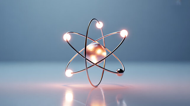 A glowing atomic model with illuminated electrons orbiting a central nucleus on a reflective surface