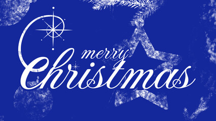 Merry Christmas greeting with festive decorations on a blue background