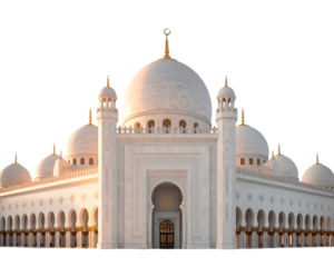 Grand Mosque Architecture with Golden Domes and Arches on a Black Background graphic character