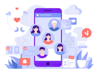 Engage your audience with mobile social networking app visuals, showing global communication and connection through diverse user profiles and interaction