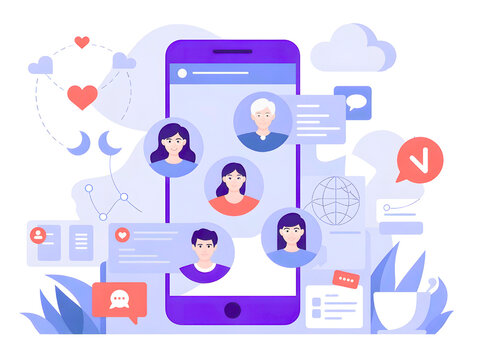 Engage your audience with mobile social networking app visuals, showing global communication and connection through diverse user profiles and interaction